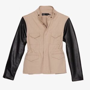 JET John Eshaya black leather sleeve khaki jacket
